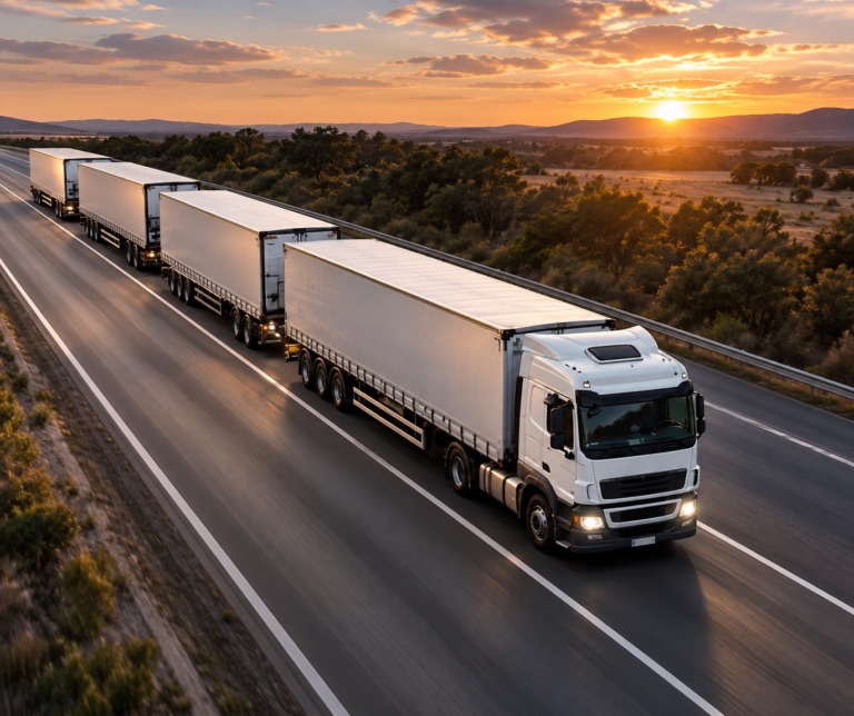 Australian commercial road train freight transport along highway