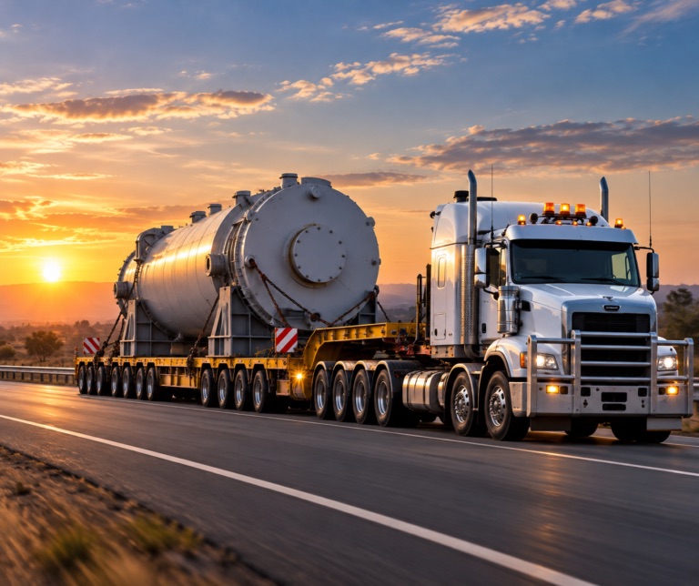 Heavy industrial vessel transported on multi-axle low-loader trailer